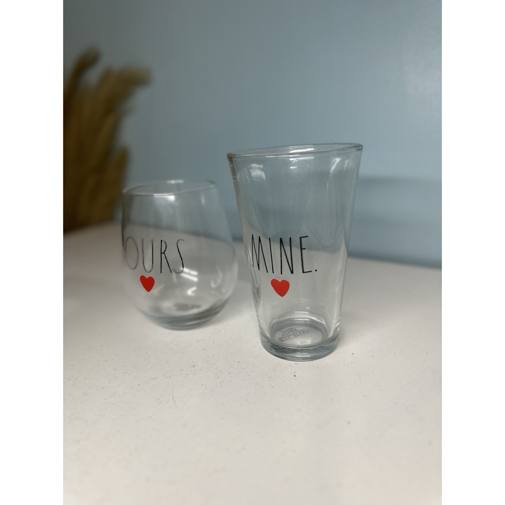 Rae Dunn By Enchante "YOURS" "MINE" Set of 2 Stemless Wine Glass And Beer Glass - Picture 3 of 5